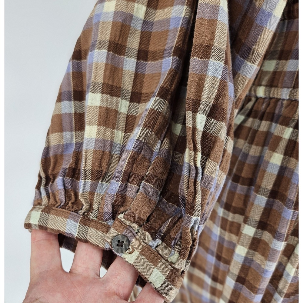 Madewell Brown Plaid Smocked Waist Midi Dress Puff Sleeve Cotton Blend Medium - Picture 6 of 11